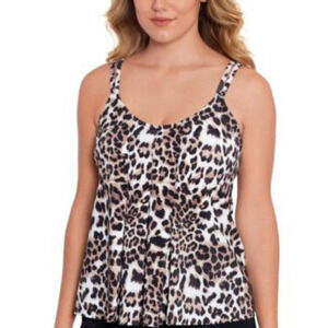 Swim Solutions Womens Leopard Pleated Front Tankini Top Tan Beige Size 10 4941